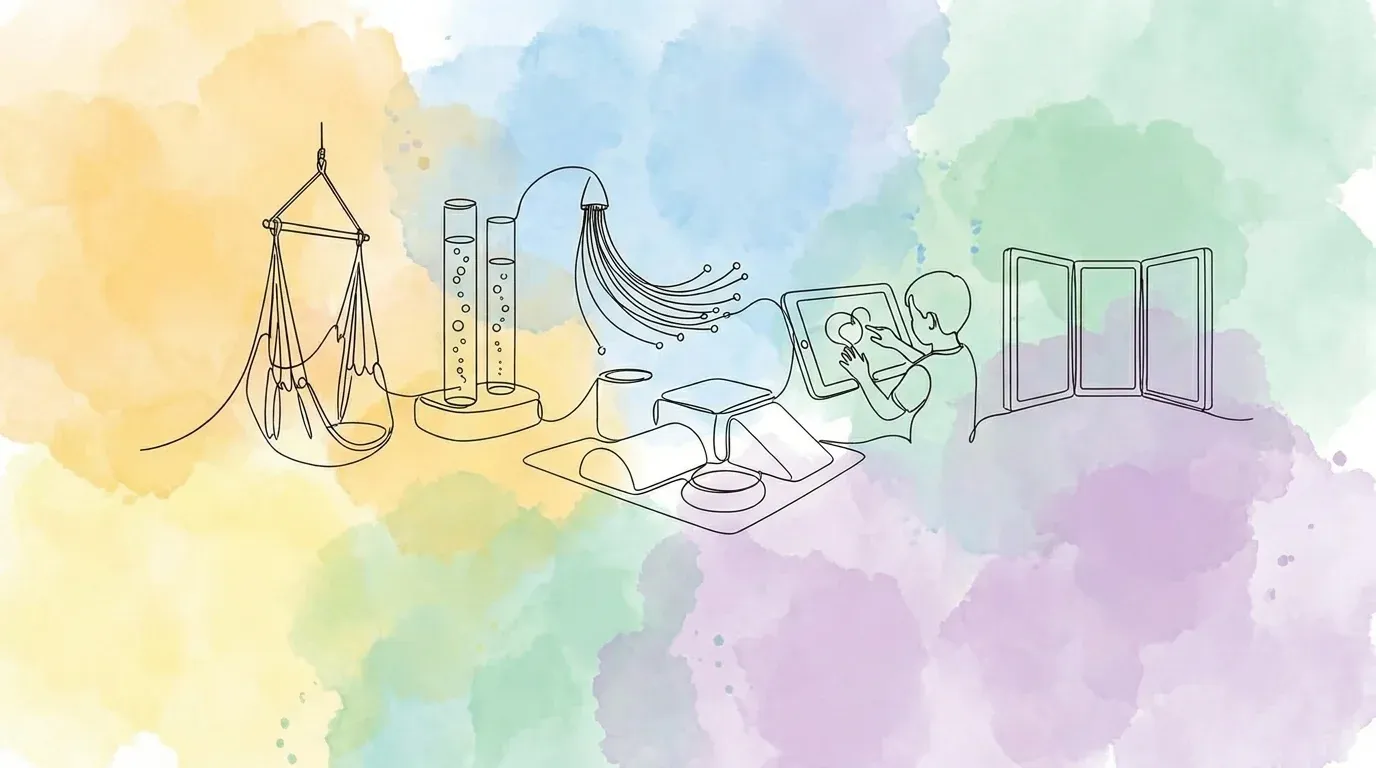 Watercolor illustration of a sensory room with a swing, bubble tube, projection wall, and a child playing on the floor