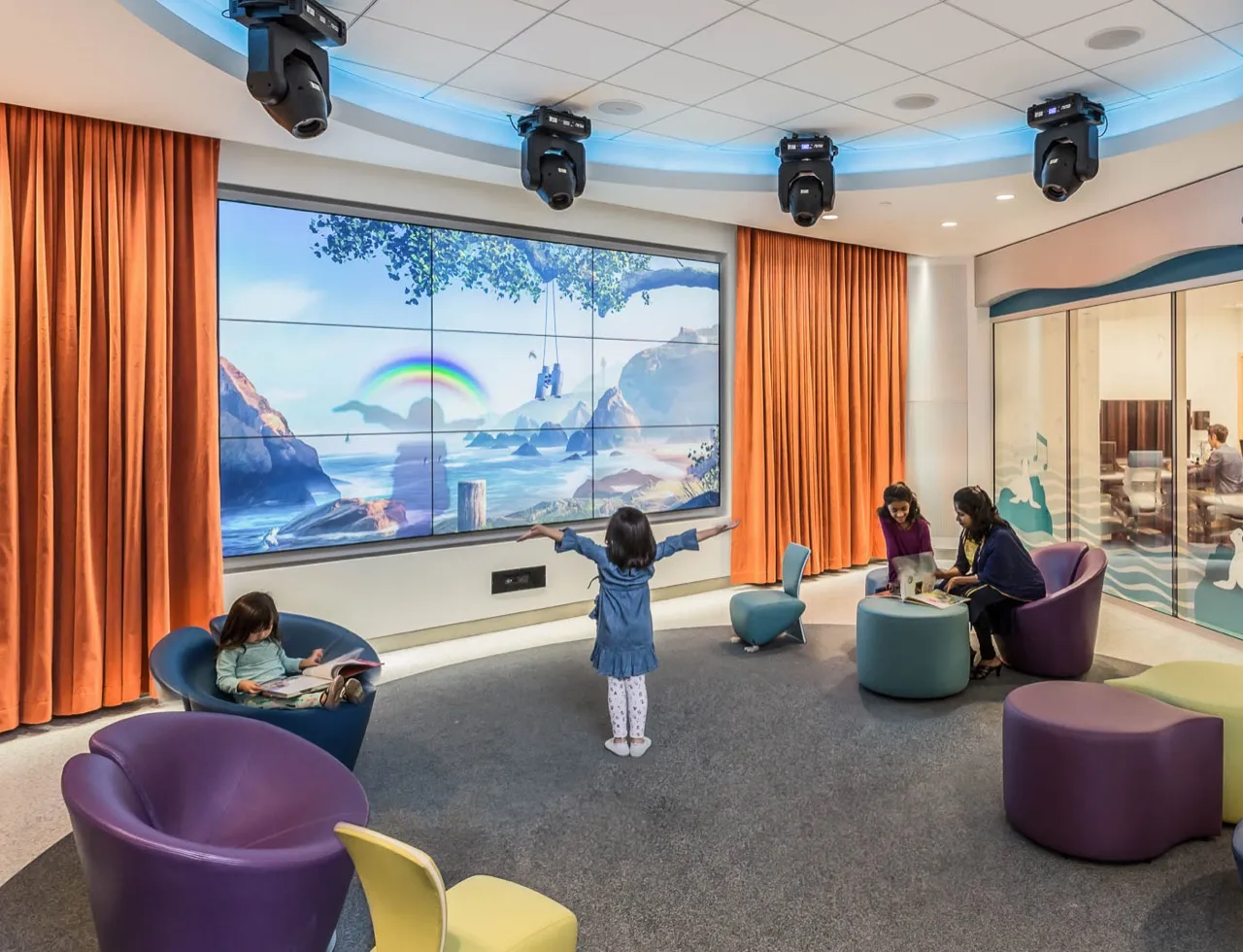 Interactive sensory wall installation in a children's hospital corridor
